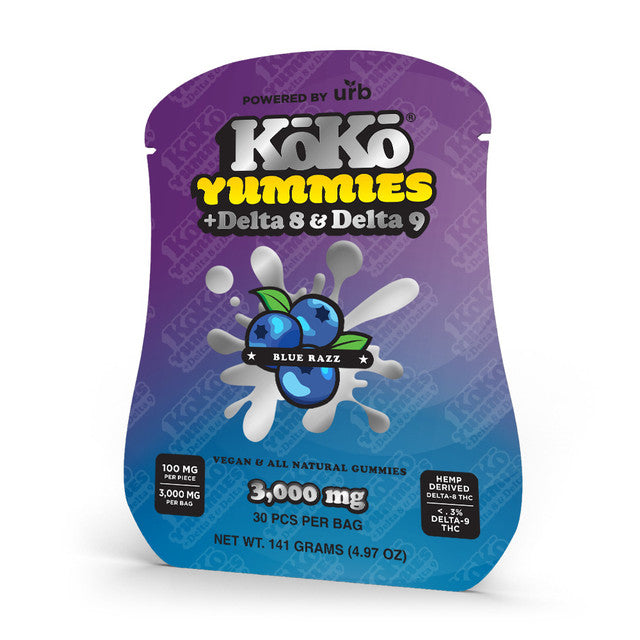 Koko Yummies Powered by Urb Delta 8 + Delta 9 Vegan & All Natural Gummies 3000MG  - Blue Razz