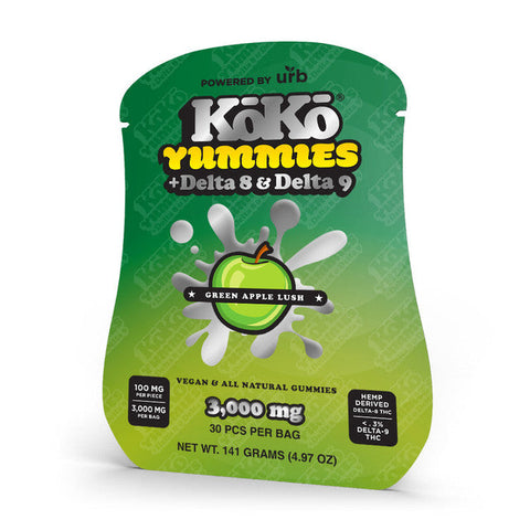 Koko Yummies Powered by Urb Delta 8 + Delta 9 Vegan & All Natural Gummies 3000MG - Green Apple Lush