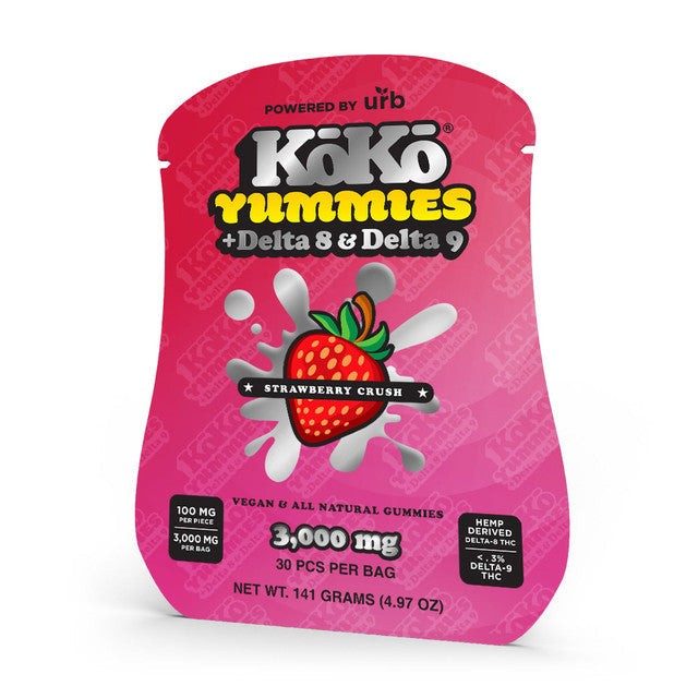 Koko Yummies Powered by Urb Delta 8 + Delta 9 Vegan & All Natural Gummies 3000MG - Strawberry Crush