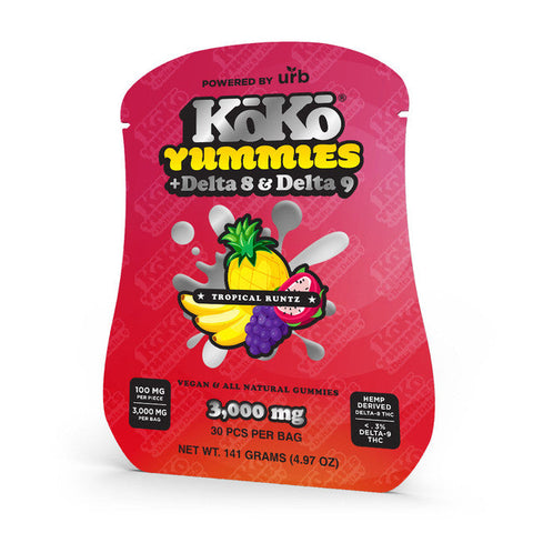 Koko Yummies Powered by Urb Delta 8 + Delta 9 Vegan & All Natural Gummies 3000MG - Tropical Runtz