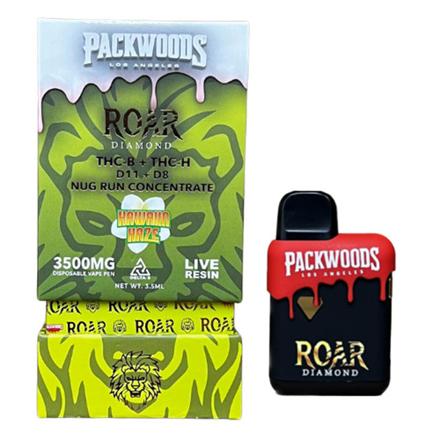 Packwoods x Roar Diamond Live Resin 3500MG THC-B + THC-H + D11 + D8 Nug Run Concentrate Disposable Vape 3.5ML Sundae Driver -  Hawaiian Haze  