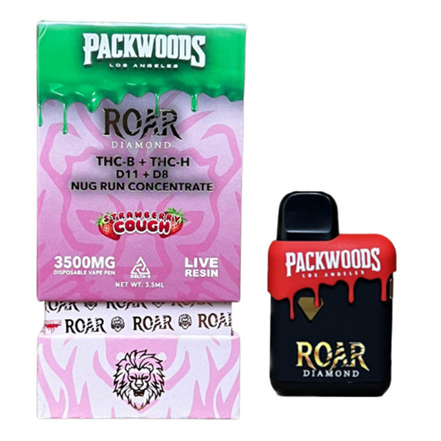 Packwoods x Roar Diamond Live Resin 3500MG THC-B + THC-H + D11 + D8 Nug Run Concentrate Disposable Vape 3.5ML - Strawberry Cough