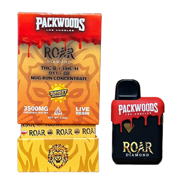 Packwoods x Roar Diamond Live Resin 3500MG THC-B + THC-H + D11 + D8 Nug Run Concentrate Disposable Vape 3.5ML - Sunset Sherbert 